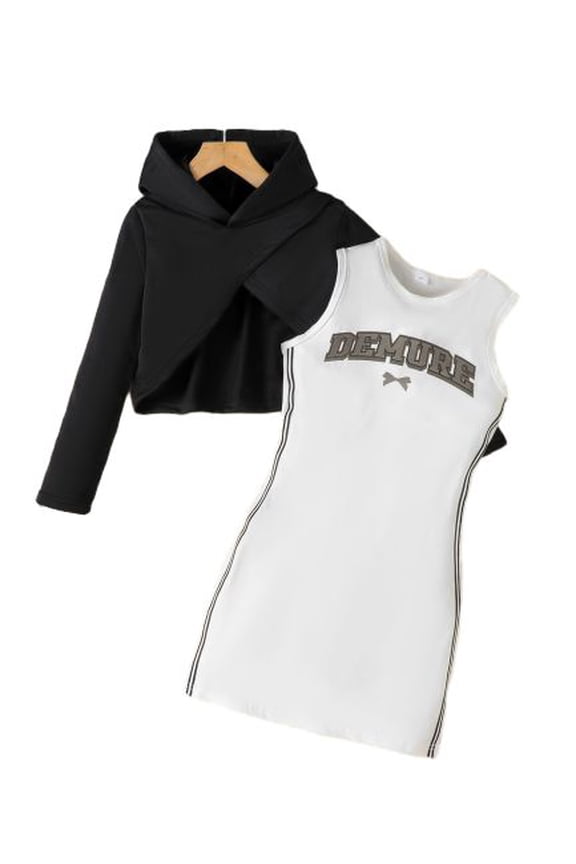 8Y,9Y,10Y,11Y,12Y Kids Girls Sporty Outfits Sleeveless Letter Print Tank Dress Long Sleeve Irregular Hoodies 2Pcs Nice Apparel Clothes Set