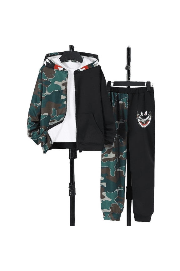 9-10 Years Big Boys Clothes Funny Digital Printing Camouflage 2Pcs Zip-up Hoodies Sweatshirt Elasic Pants Sets For Fall Winter