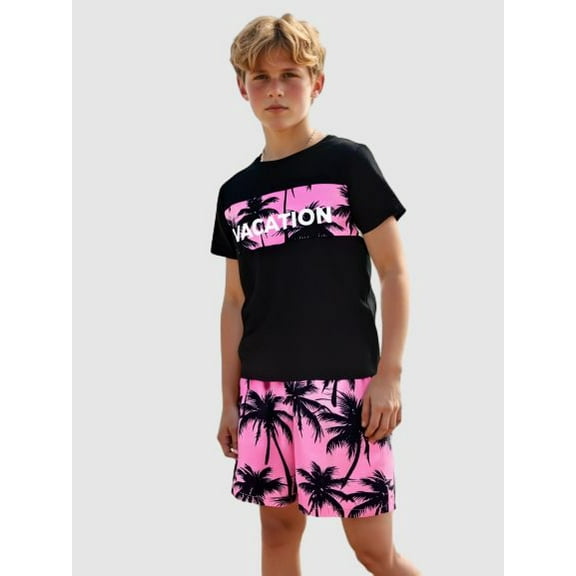 Mikrdoo Kid Boys Coconut Tree And Vacation Letter Graphic Print Short Sleeve T-shirt Elastic Shorts Set, 9-10 Years