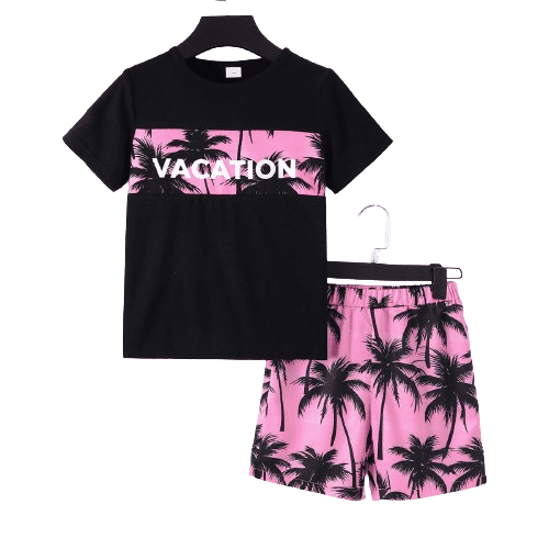 Mikrdoo 9-10 Years Big Boys Kid Boys Coconut Tree And VACATION Letter Graphic Print Splice Short Sleeve T-shirt Elastic Shorts Set 2Pcs Comfy Summer Clothing Pink