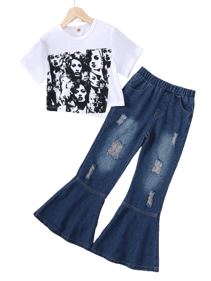 9-10 Years Big Girl's Retro Portrait Print Outfit Short Sleeve Graphic Top + Flare Leg Ripped Jeans Holiday Casual Set, Summer 2Pcs Clothes
