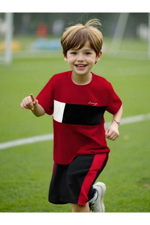 9-10Y Kid Boys Clothes Color Block Summer Short Sleeve Casual Tee Elastic Side Splicing Shorts 2Pcs Outfits Red