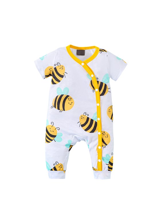 9 Months Baby Boys Summer Romper 12 Months Newborn Boys Cute Bee Print Playsuits Single Breasted Design One Piece Bodysuits White