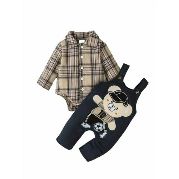 Mikrdoo 9 Months Infant Baby Boys Clothes 12 Months Boys Plaid Long Sleeve Lapel Collar Romper & Bear Embroidery Suspender Pants Set 2Pcs Cute Outfits,As Gift