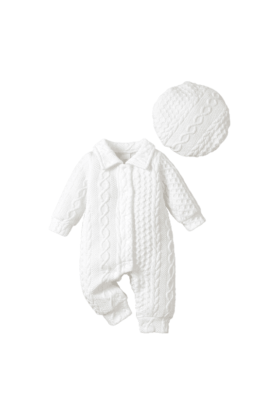 9 Months Newborn Boys Clothes Solid White 12 Months Baby Boys Jacquard Turn-down Collar Long Sleeve Single Breasted Design Bodysuits With Hat 2Pcs For Christening,As Gift