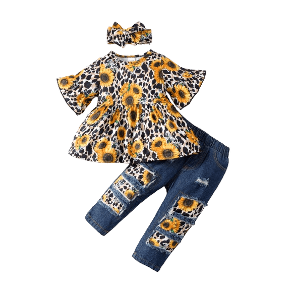 Mikrdoo 9 Months Newborn Girls Spring Autumn Outfits Sunflower Print Leopard Pattern 12 Months Baby Girls Pagoda Sleeve Dress Tops Ripped Jeans Pants Headband 3Pcs Clothing