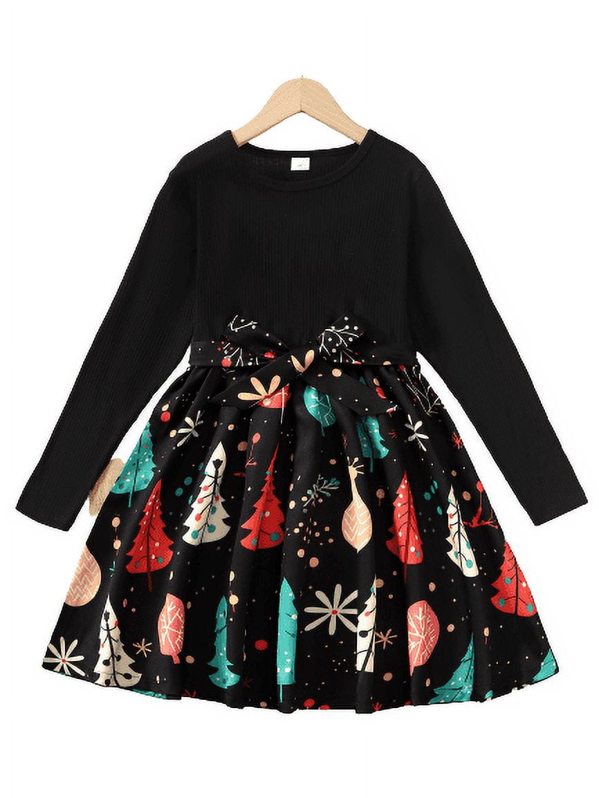 Mikrdoo 9 Years Big Girls Dress 8Y,9Y,10Y,11-12Y,13-14Y Kid Girls Christmas Tree Print Bow Belt Splice Fall Winter Dress One Piece Feast Dress Black