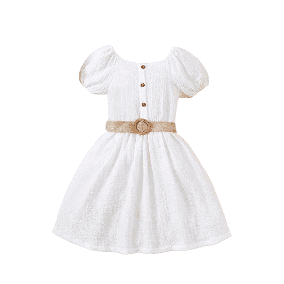 Mikrdoo 9 Years Big Girls Elegant Dress 8Y,9Y,10Y,11-12Y kid Girls Solid Color Bubble Short Sleeve White Dress With A Belt