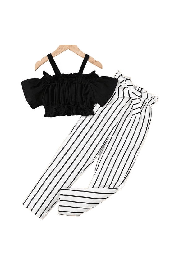 9 Years Big Girls Outfits Strpas Crops Tops Elastic Stripe Pants 2Pcs Clothes Set Black