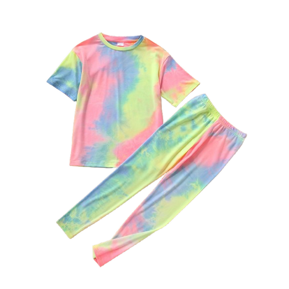 Mikrdoo 9 Years Big Girls Spring Fall Outfits Pants Set Tie-dye Short Sleeve T-shirt Elastic Pants 2Pcs Clothing 7-14Y