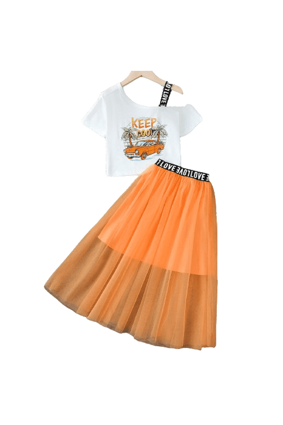 9 Years Big Girls Summer Outfits Hawaii Car Letter Pattern One Shoulder T-shirt Gauze Skirts Set 2Pcs Clothing From 8Y-12Y