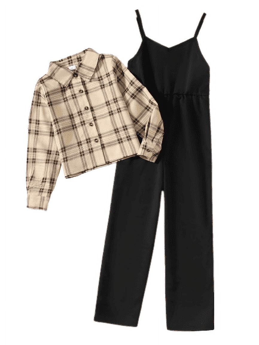 Mikrdoo 9 Years Kids Girls Outfits Straps Jumpsuits Plaid Print Turn-down Collar Coat 2Pcs Nice Apparel Clothes Set 8-14 Years Black