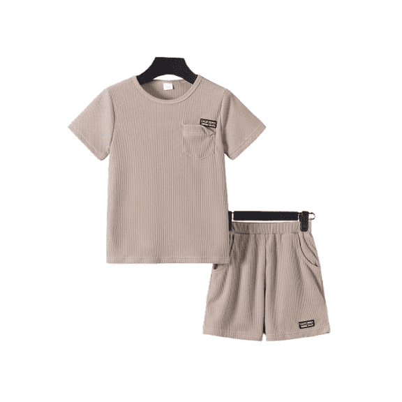 Mikrdoo 9T Kid Boys Ramadan Outfits 10T Big Boys Woven Label Pocket Crew Neck Tee Elastic Shorts Set 2Pcs Khaki Waffle Clothes