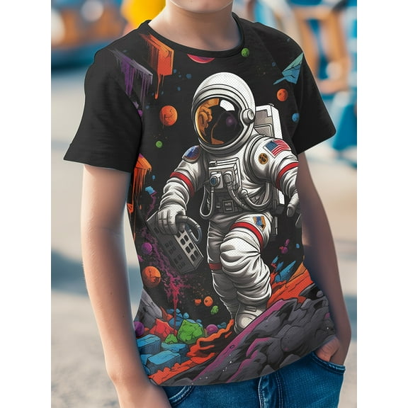 Mikrdoo Astronaut 3D Print Short Sleeve T-shirt For 7Y-15Y Boys, Casual Round Neck Comfy Summer Outdoor Clothes