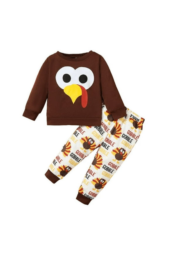 Baby Boy Turkey Print Outfits Thanksgiving Pullover Tops Elastic Full Print Pants 2Pcs Clothes Set 6-7 Years