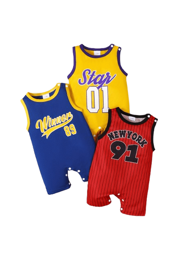 Baby Boys 3 Packs Casual Street Sports Style Romper Set - Jersey Prints Ribbed Crew Neck Sleeveless Vest Summer Clothes 12-18 Months