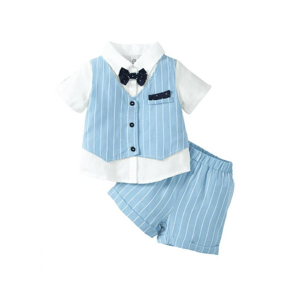 Mikrdoo Baby Boys Clothes Bow Tie Fake Two Pieces Shirts Stripe Shorts 2Pcs Gentle Outfits Blue 12-18 Months