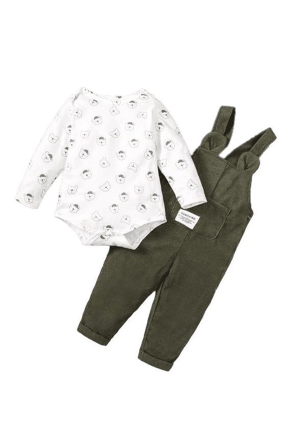Baby Boys Clothes Boys OOTD 3 Months Newborn Boys Bear Print Romper 6 Months Baby Boys Pocket Straps Suspender Pants 2Pcs Outfits White