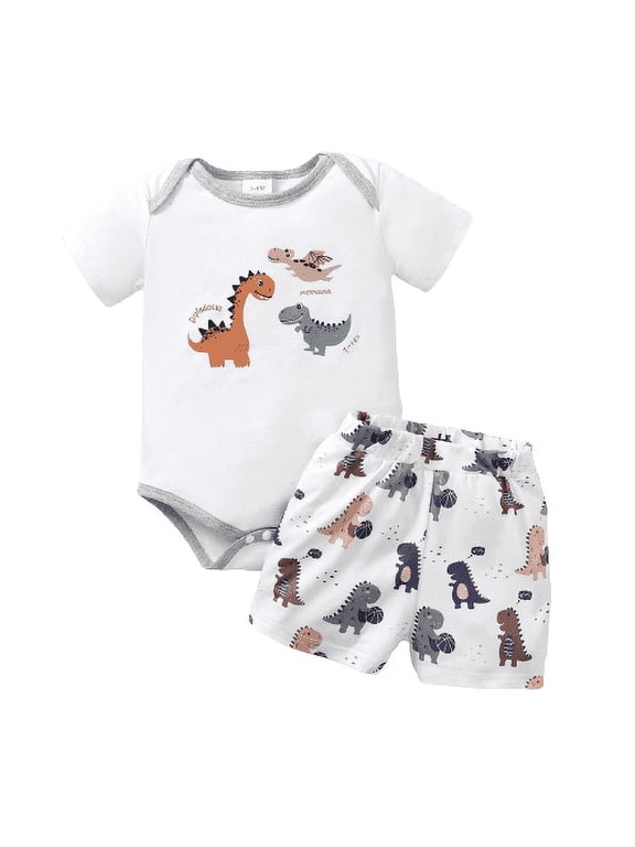 Baby Boys Clothes Boys Outfits 6 Months Newborn Boys Dinosaur Print Romper 9 Months Boys Shorts 2Pcs Summer OOTD White