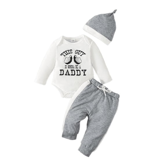 Mikrdoo Baby Boys Clothes Letter Graphics 3 Months Newborn Boys Finger Pattern Long Sleeve Romper 6 Months Baby Boys Casual Elastic Pants Hat 3Pcs Outfit Sets For Fall Winter Gray