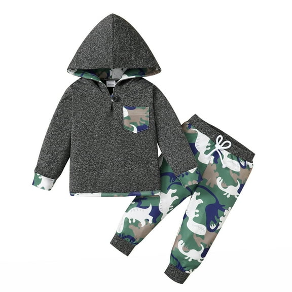 Mikrdoo Baby Boys OOTD Baby Outfits Camouflage Pocket Hoodie Camouflage Splice Dinosaur Print Pants 2Pcs Clothes Set For Winter Gray 18-24 Months