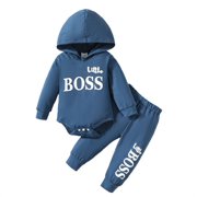 Mikrdoo Baby Boys Outfits Little Boss Letter Graphics 9 Months Boys Winter Hoodies 12 Months Boys Romper Elastic Pants 2Pcs Clothes Set Navy Blue