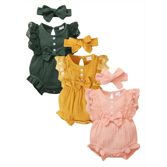 Mikrdoo Baby Girls' Bodysuit - 3 Pack Lace Decorated Comfy Cotton Onesie Romper - 3-6 Months