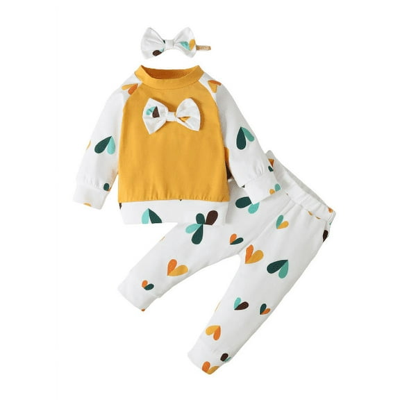 Mikrdoo Baby Girls Clothes Bow 9 Months Newborn Girls Splice Long Sleeve Tops 12 Months Baby Girls Elastic Heart Pattern Pants Headband 3Pcs Outfits Yellow