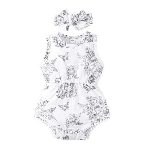 Mikrdoo Baby Girls Clothes Butterfly Print Floral Graphics Sleeveless Summer Bodysuits With Headband 2Pcs Romper Sets 6-9 Months White