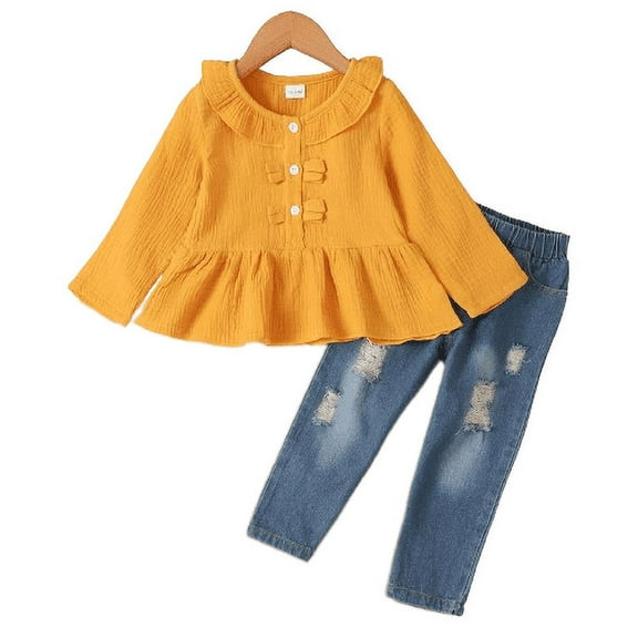 Mikrdoo Baby Girls Clothes Lotus Leaf Collar Tops Ripped Demin Pants 2Pcs Clothes Set For Winter Yellow 18-24 Months