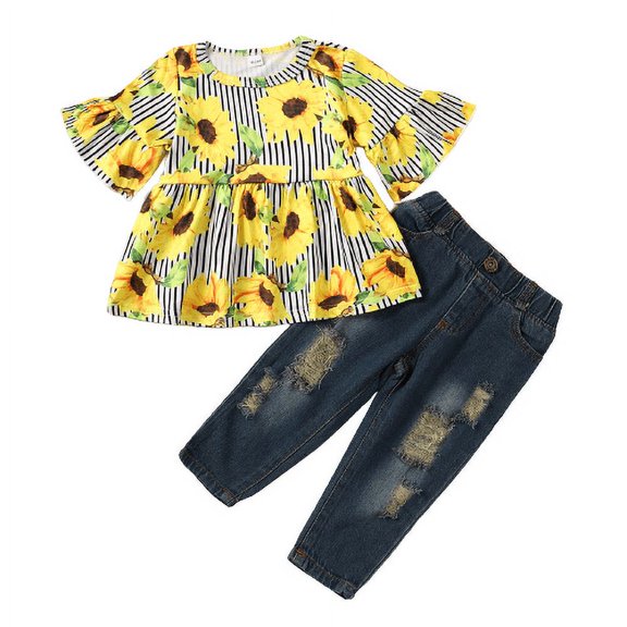 Mikrdoo Baby Girls Clothes Sunflower Print 18 Months Infant Girls Stripe Pagoda Sleeve Tops 24 Months Baby Girls Ripped Jeans Pants 2Pcs Clothes Set For Spring Autumn Yellow