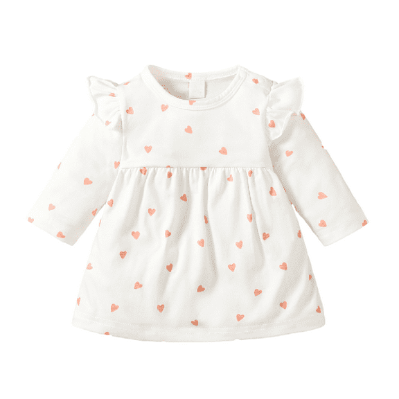 Mikrdoo Baby Girls Dress 0 Months Newborn Girls Heart Print Ruffle 1 Months Baby Girls Long Sleeve Dress One Piece Casual Dress For Fall Winter White