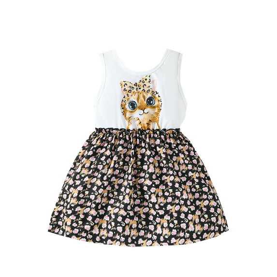 Mikrdoo Baby Girls Dress Cute Cat Print Splice Furry Pattern One Piece Casual Dress For Summer 3-4 Years White