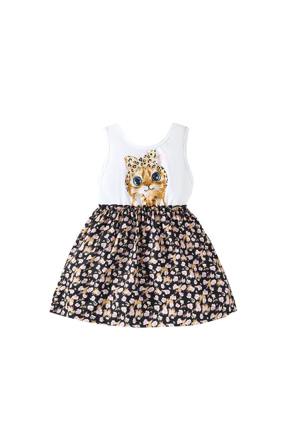 Baby Girls Dress Cute Cat Print Splice Furry Pattern One Piece Casual Dress For Summer 7-8 Years White