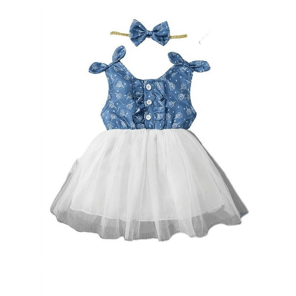 Mikrdoo Baby Girls Dress Sets 100% Polyester Floral Print 6 Months Newborn Girls Straps Splice 9 Months Baby Girls Gauze Summer Dress With Headband 2Pcs Clothing Blue