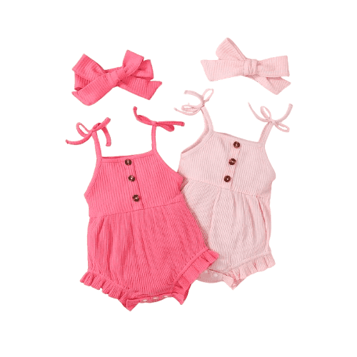 Mikrdoo Baby Girls Knit Cute Straps Rompers and Headband, 2-Pack, Sizes 1-18 Months