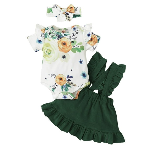 Mikrdoo Baby Girls Outfits Floral Romper Summer Straps Suspender Skirts Headband 3Pcs Clothes Set Green 6-12 Months
