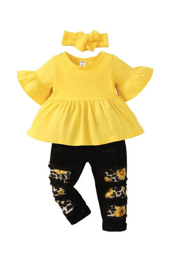 Baby Girls Outfits Pagoda Sleeve Tops Sunflower Ripped Jeans Pants Headband 3Pcs Clothes Set For Spring Fall Yellow 3-6 Months