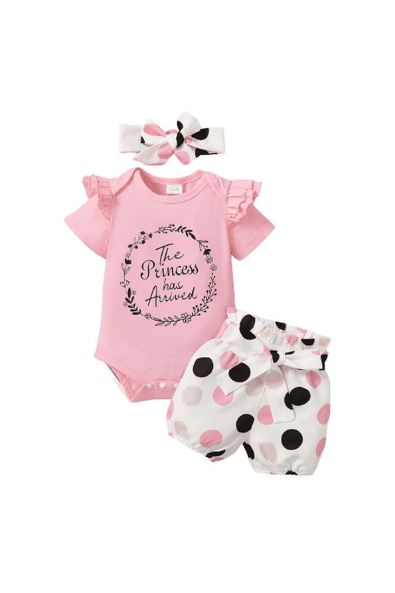 Baby Girls Outfits Princess Ruffle Sleeve Romper Wave Point Shorts Headband 3Pcs Summer Clothes Set Pink 0-3 Months