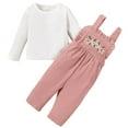 thumbnail image 1 of Mikrdoo Baby Girls Outfits Solid Color Long Sleeve Round Neck shirt +Embroidery Straps Suspender Pants 2Pcs Clothes Set Pink 18-24Months, 1 of 7