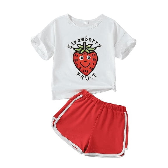 Mikrdoo Baby Girls Outfits Strawberry Print Short Sleeve Casual Tee Sports Shorts Set 2Pcs Summer Clothing From Toddler Kid to Big Kid