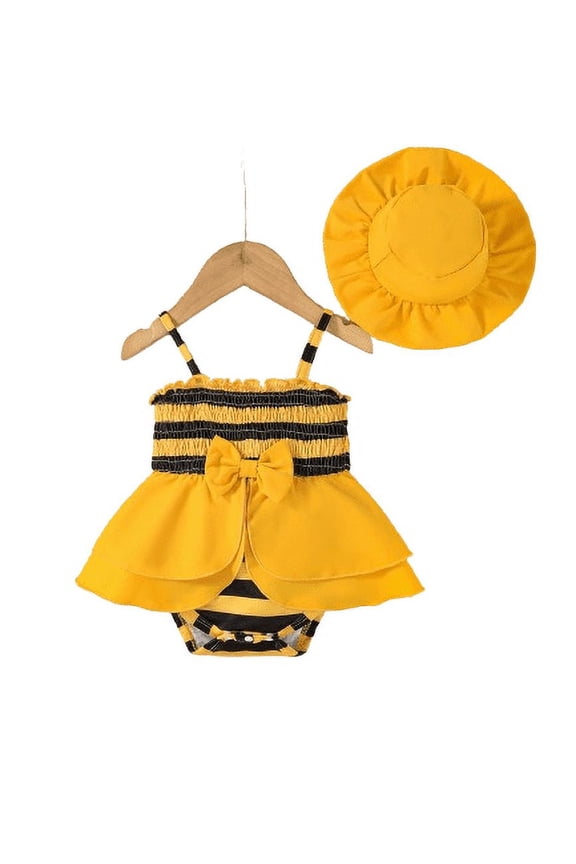 Baby Girls Summer Bee Pattern Smocking Straps Triangle Romper Dress with Hat 2Pcs Cute Clothes 12-18 Months Yellow