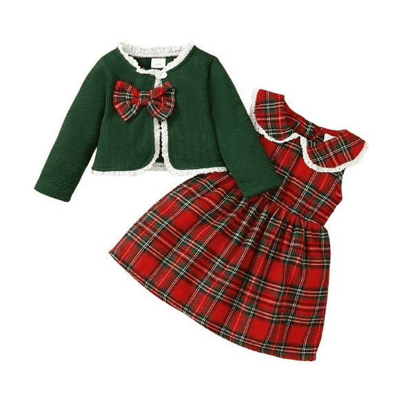 Mikrdoo Baby and Toddler Girl Dress and Cardigan 2pc Christmas Set, Red Plaid, 12-18 Months