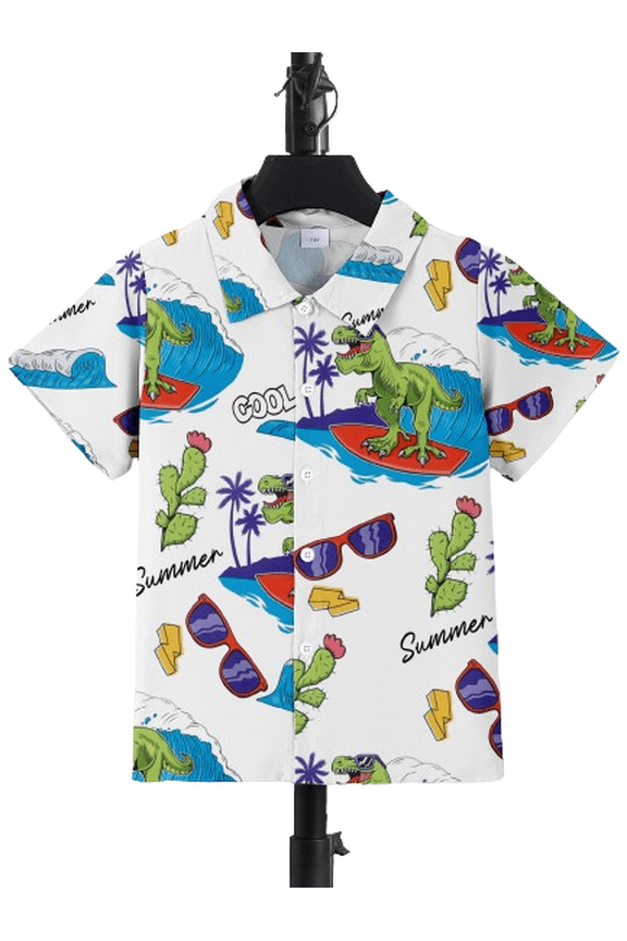 Beach Surfing Dinosaur Print Boys Creative Button-down Shirt, Casual Short Sleeve Lapel Shirt Tops, Boys Clothes For Summer Outdoor