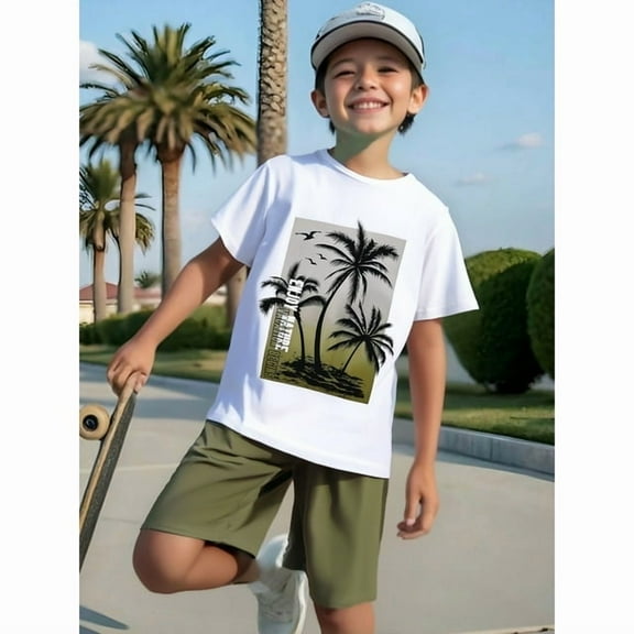 Mikrdoo Big Boys 2-Pieces Summer Clothes Hawaii Style Coconut Tree Graphics Knit Short Sleeve Casual Tee Elastic Shorts Set 11-12 Years White