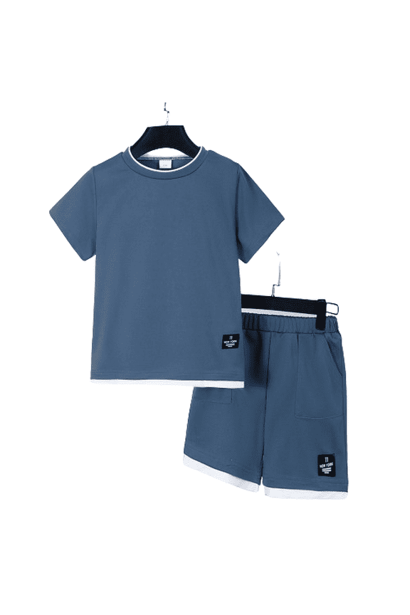 Big Boys Casual Outfits Fake Two Pieces Label Patched Short Sleeve T-shirt & Shorts Set 2Pcs Comfy Summer Clothing From 7Y-15Y Navy Blue