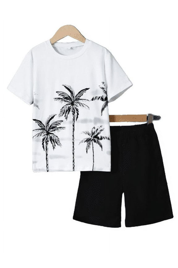 Big Boys Clothes 8Y,9Y,10Y,11-12Y,13-14Y Kid Boys Outfits Bamboo Print Short Sleeve Tops Elastic Shorts 2Pcs Summer Casual OOTD Black