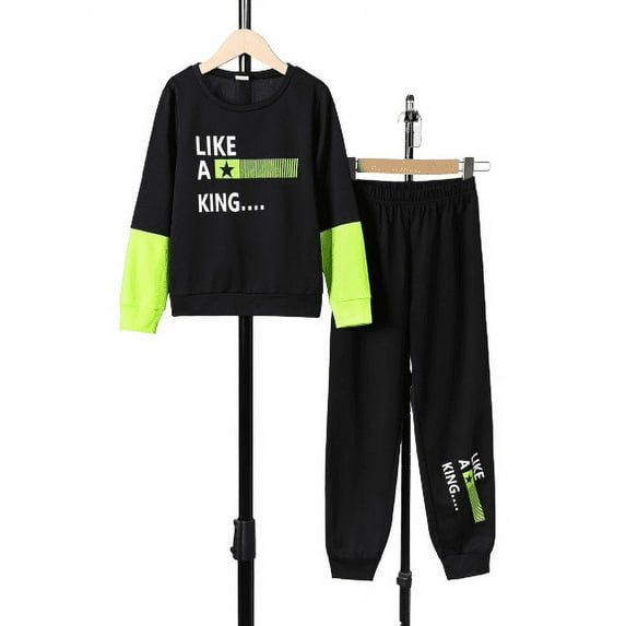 Mikrdoo Big Boys Fall Winter 8Y,9Y,10Y,11-12Y,13-14Y Kid Boys Pants Sets Letter Graphics Long Sleeve Splice Pullover Tops Elastic Trousers 2Pcs Casual Clothing Black