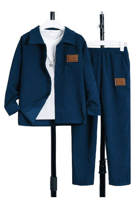 Big Boys Kid Boys Clothes Long Sleeve Corduroy Lapel Shirt & Straight Pants Set 2Pcs Casual Versatile OOTD For Spring Fall 14-15 Years