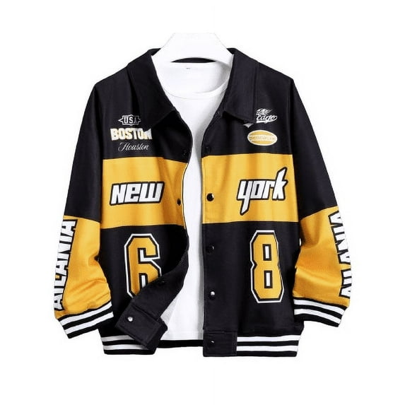 Mikrdoo Big Boys Kid Boys Coat Color Patchwork Letter Graphics Long Sleeve Preppy Style Baseball Jacket 9-10 Years